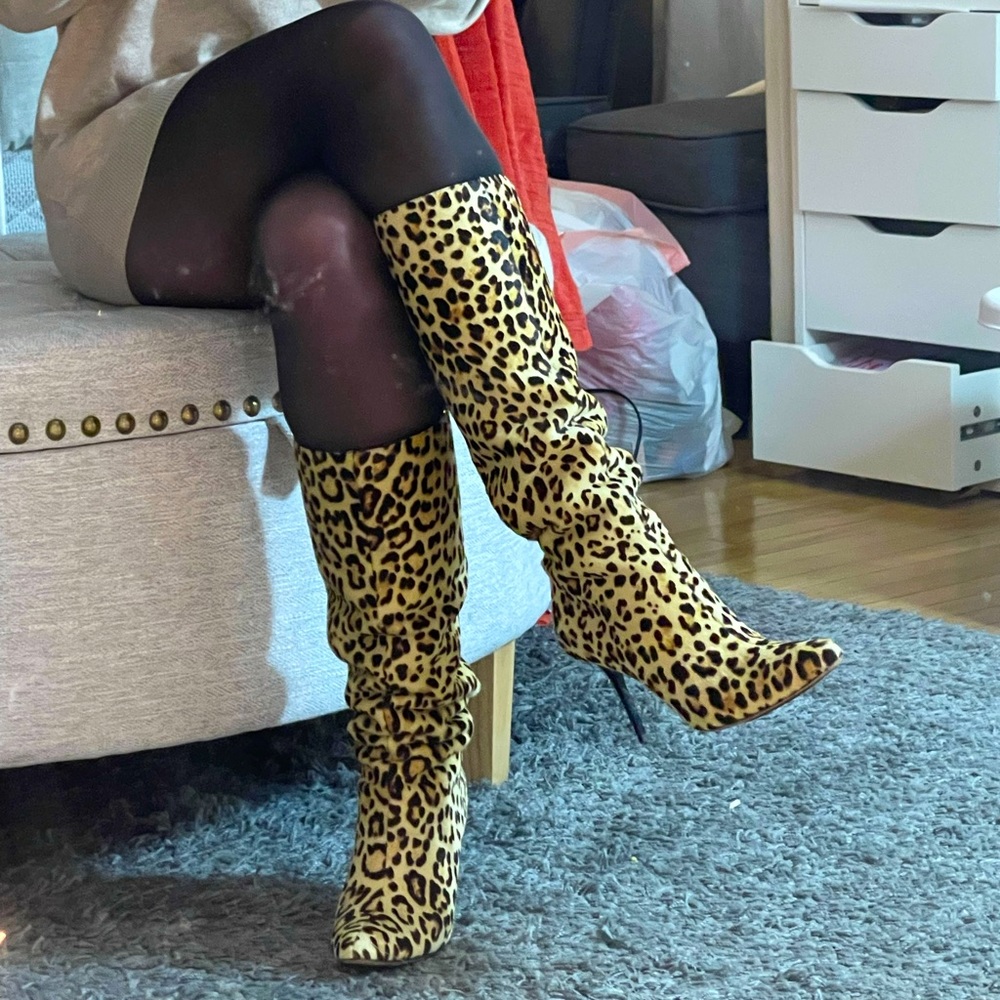 Jimmy Choo Leopard Print Pony Hair Knee High Stiletto Boot size 37